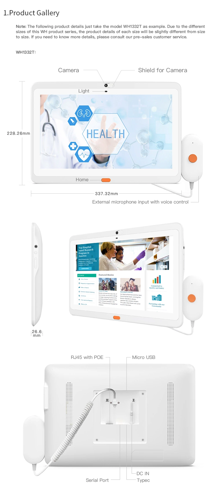 13.3inch Wall Mount Medical Hospital Patient Care Call Handle Service Touch Screen Poe Multi Interface Android Tablet PC Android 10.0